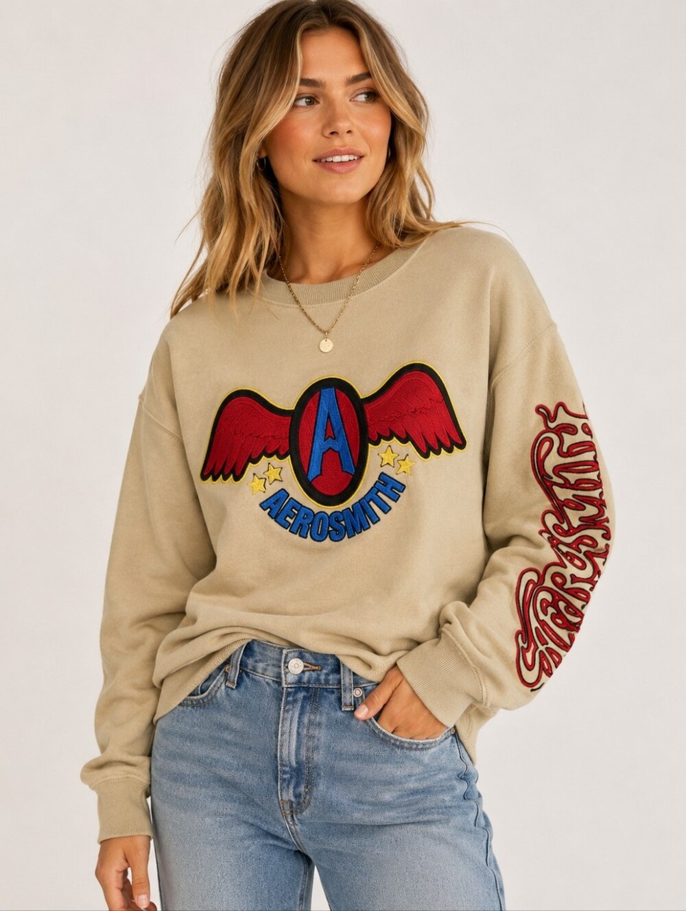 Aerosmith Tan Embroidered Graphic Crewneck Sweatshirt Women's Large